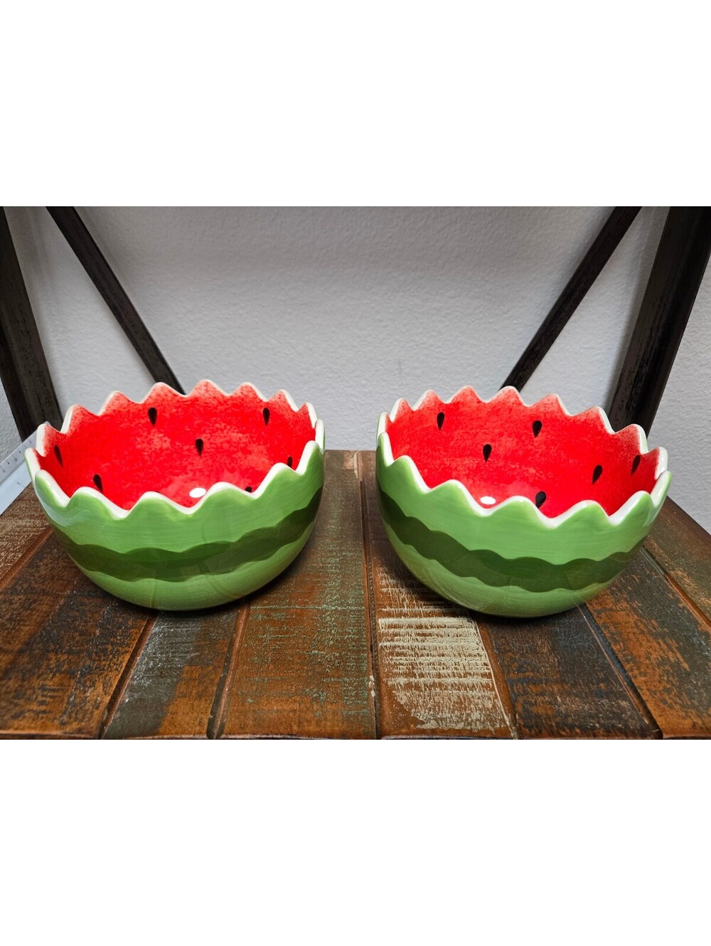 Vintage Pier 1 Imports Set Of 2 Watermelon Serving Bowl Hand Painted Earthenware